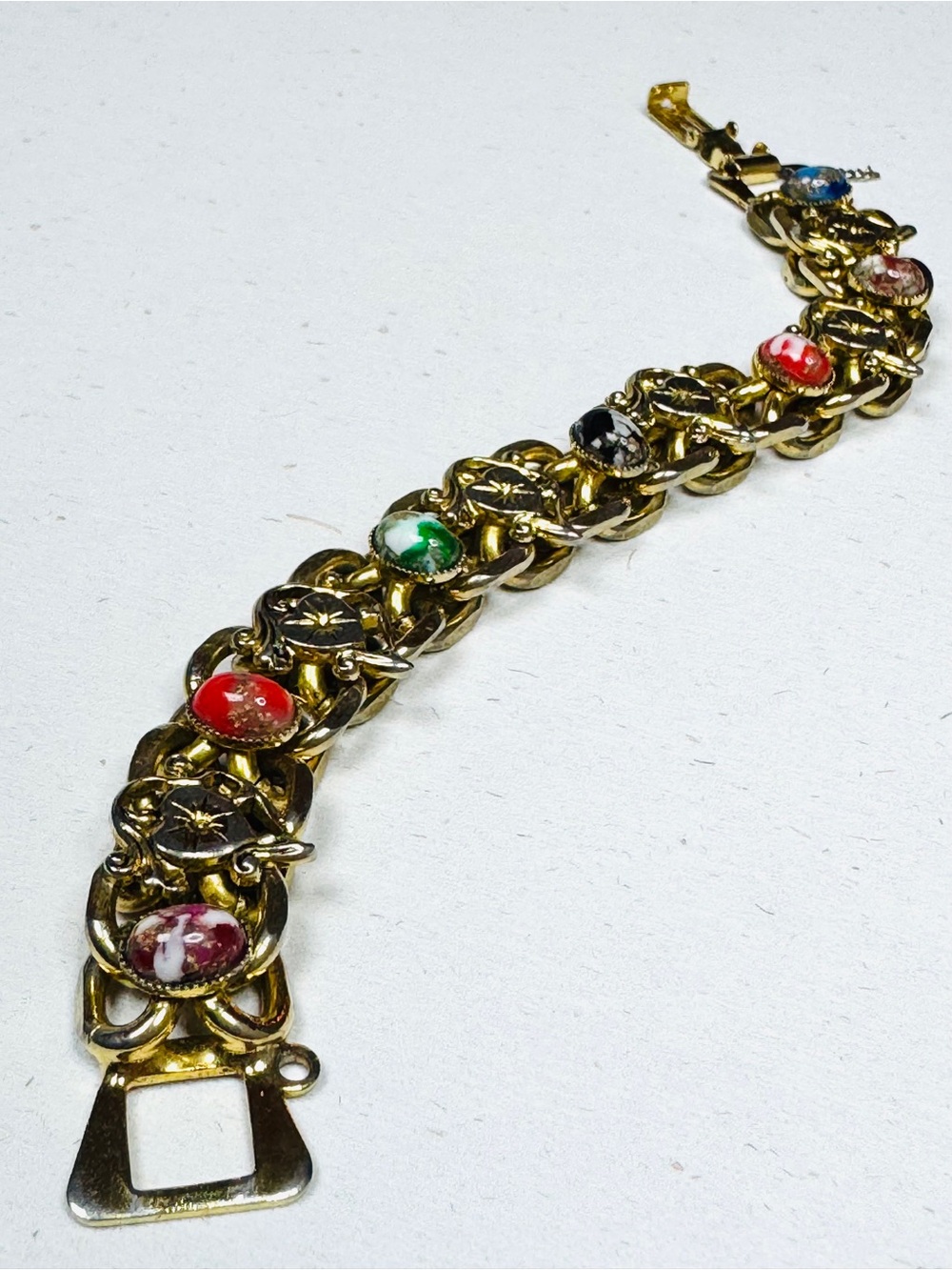 VTG Goldette Victorian Revival Cabochon & Starburst-heart Chunky Slide Bracelet